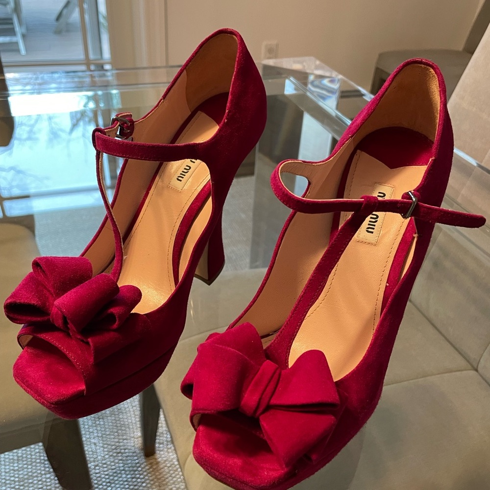 Miu Miu Red Velvet Bow Mary Jane Platform Heels